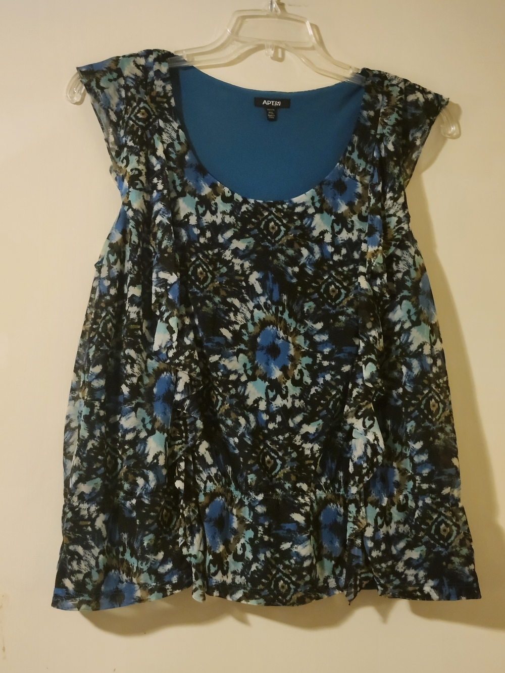 APT. 9 Blue Patterned Scoop Neck Ruffle Accents Women's Top PXL